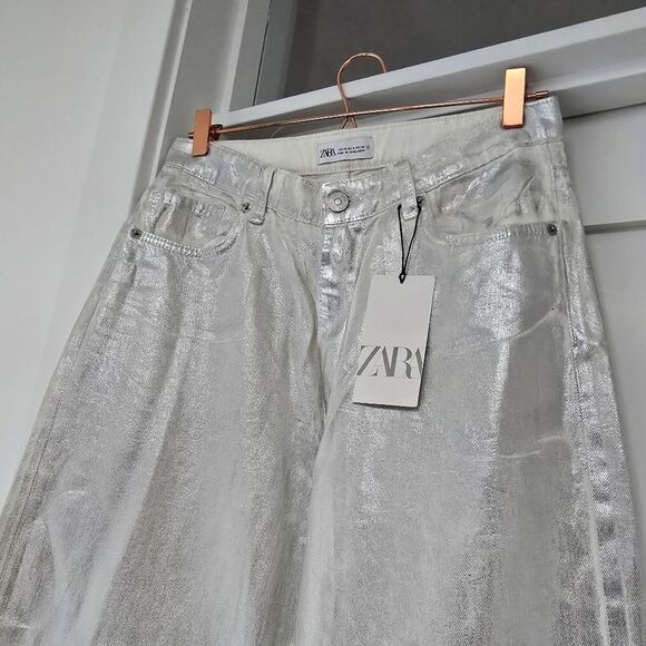 🆕️ Zara Boy Boy Metallic High Rise Relaxed Fit Jeans in Silver - Picture 7 of 15